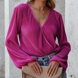 Cupshe Peasant Sleeve Tops Casual Loose Fit V Neck Solid Ruched Blouse